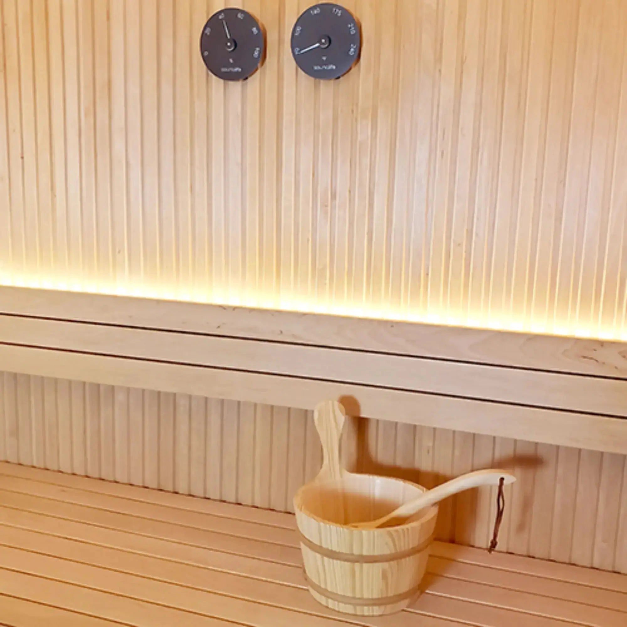 SaunaLife Essentials Set 3 Wood Sauna Bucket and Ladle Set with Black Thermometer and Hygrometer SaunaLife