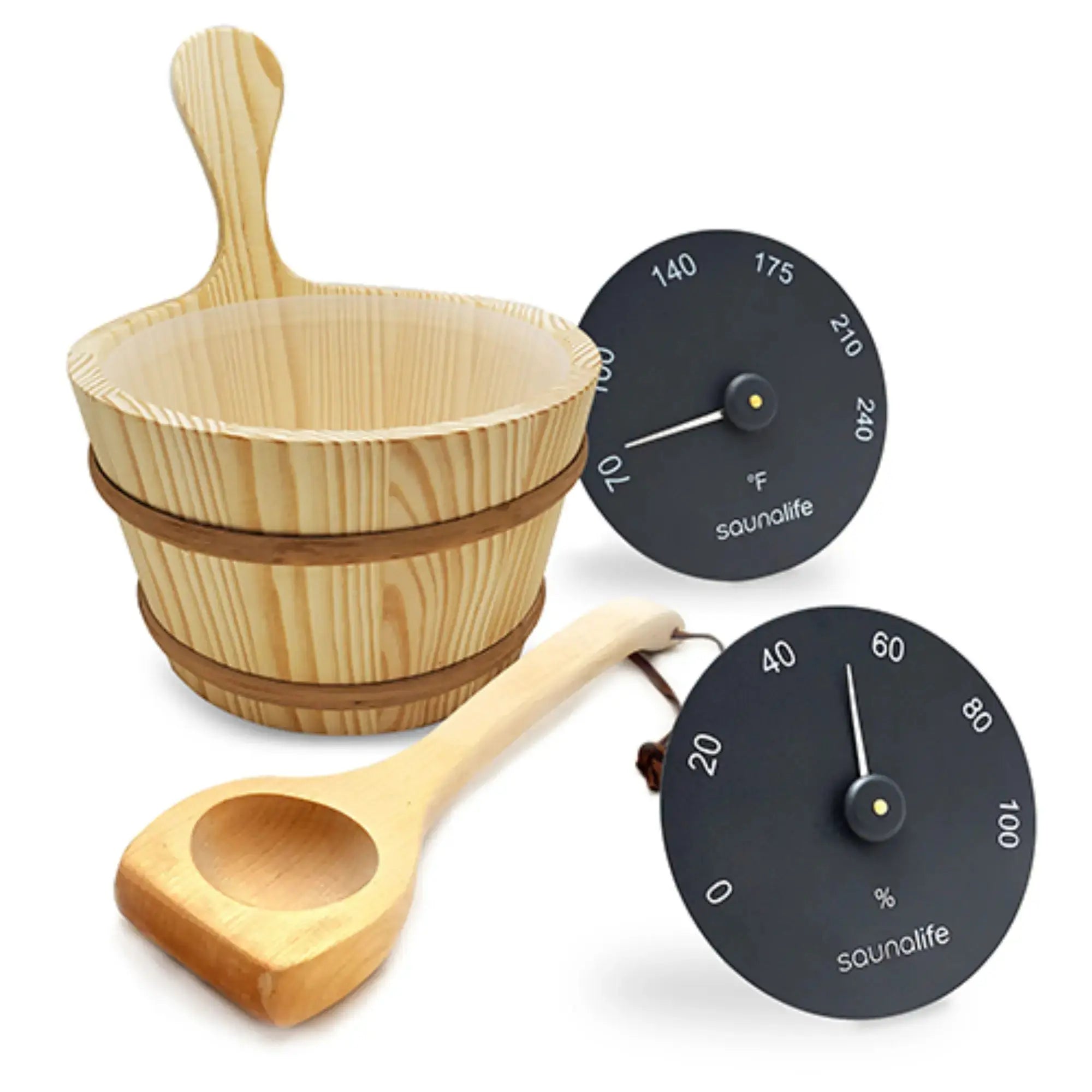 SaunaLife Essentials Set 3 Wood Sauna Bucket and Ladle Set with Black Thermometer and Hygrometer SaunaLife