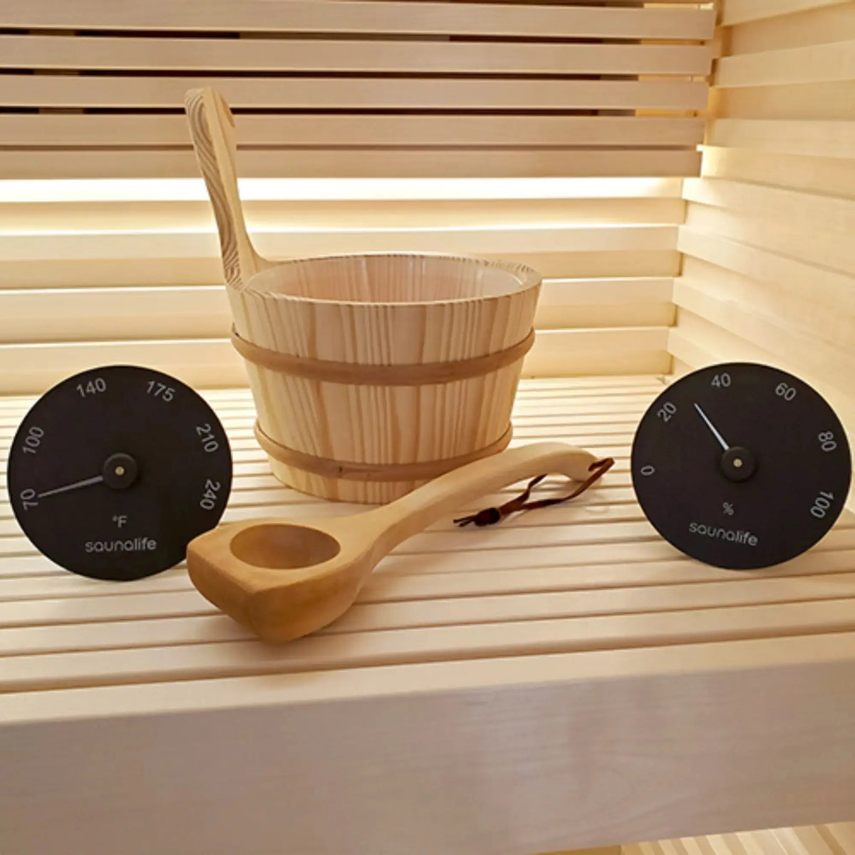 SaunaLife Essentials Set 3 Wood Sauna Bucket and Ladle Set with Black Thermometer and Hygrometer SaunaLife