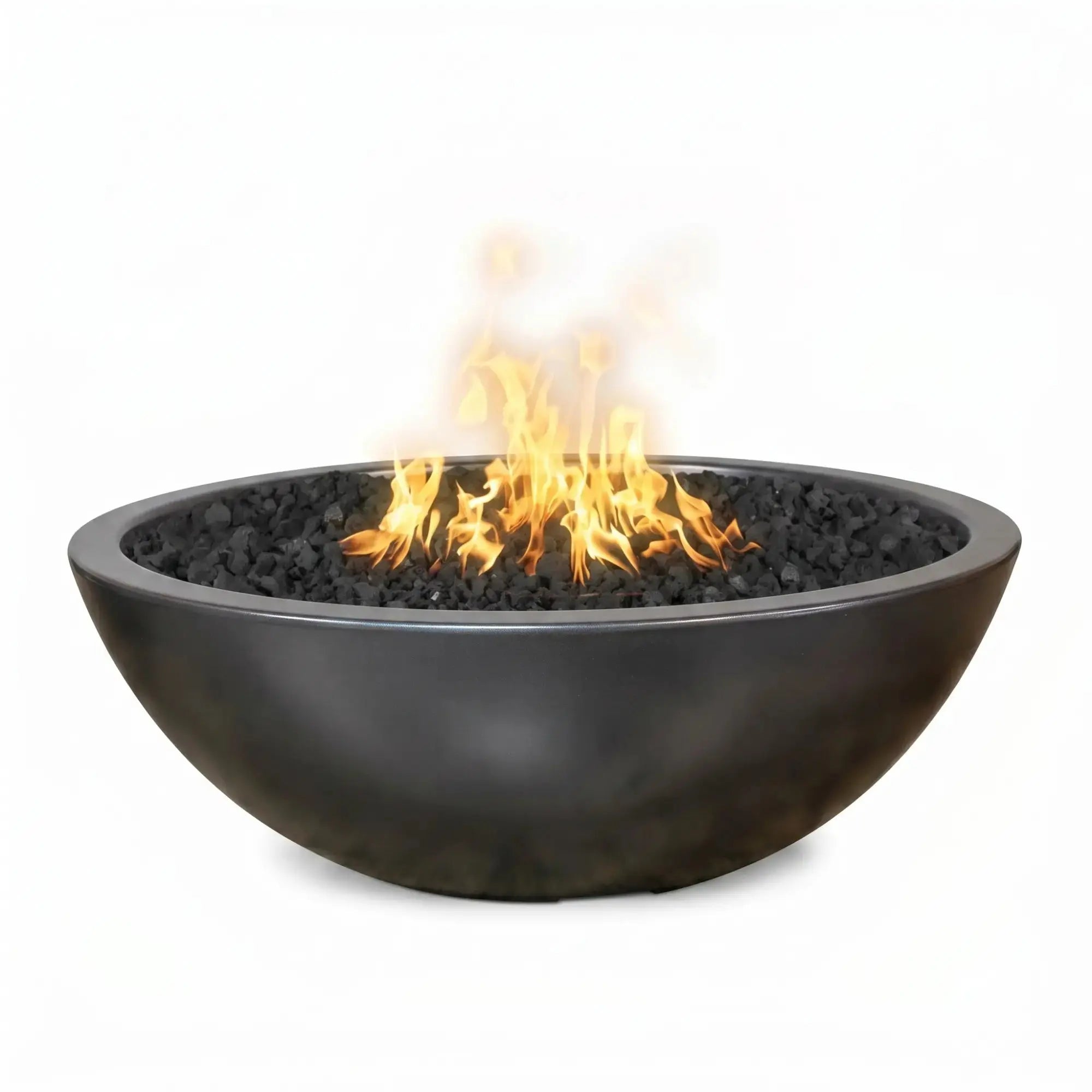 Black fire pit with flames on a white background